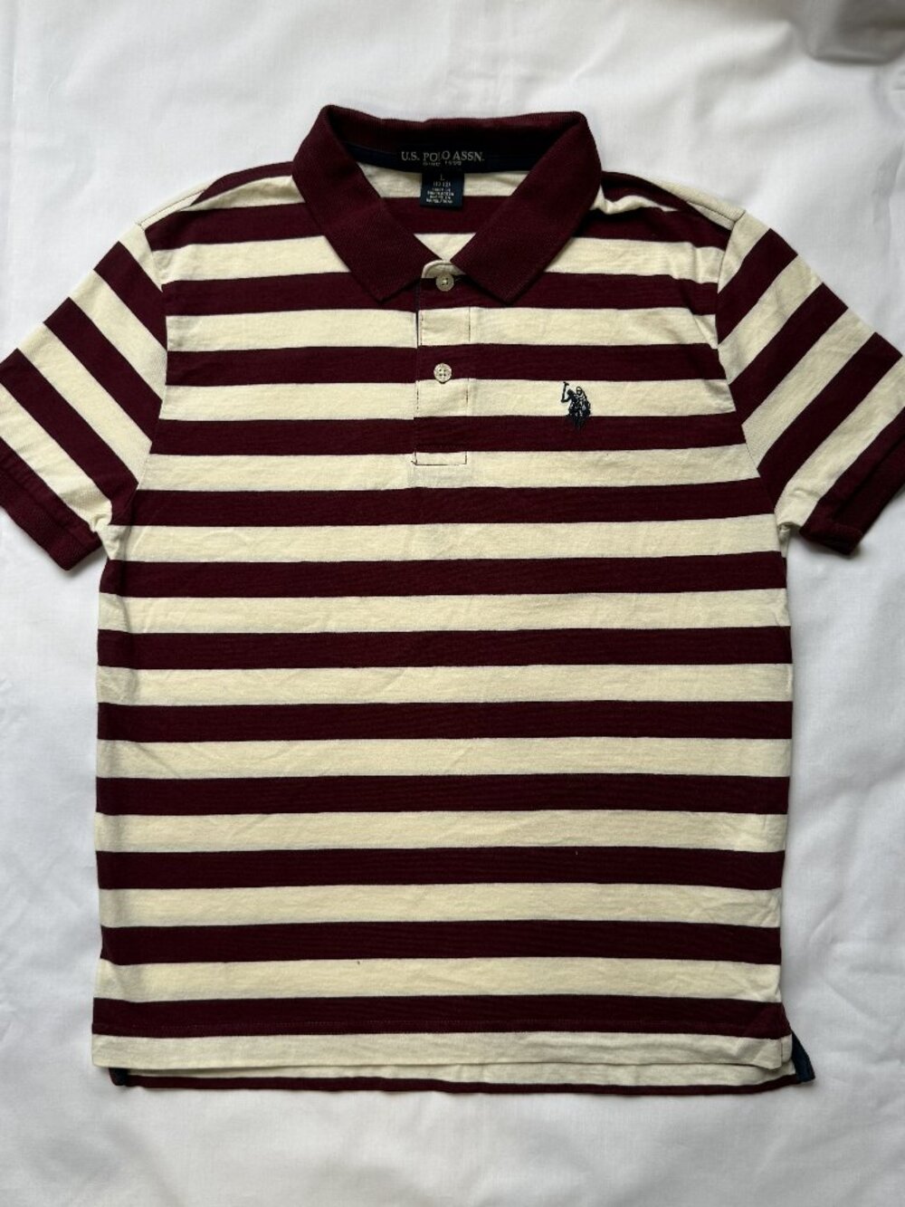 U.S. Polo Assn. Boys Striped Polo Shirt Burgundy Cream Cotton Size L (10-12)